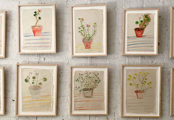 brick wall with a gallery of watercolor paintings featuring a variety of flower pots framed in natural frames