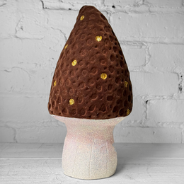 Flocked Glitter Morel Mushroom in Brown Yellow with Few Gold Dots