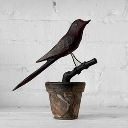 Black Forest Carved Perched Bird on Clay Pot (#3)
