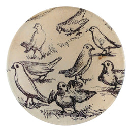 A four inch round handmade decoupage plate titled Eight Birds
