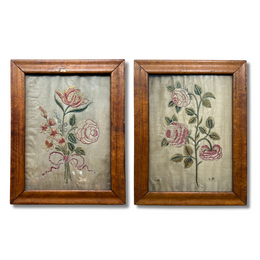 Pair of 19th-century Framed Embroidered Floral Silk Panels