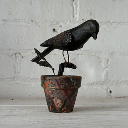 Black Forest Carved Perched Bird on Clay Pot (#6)