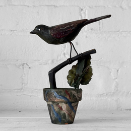 Black Forest Carved Perched Bird on Clay Pot (#8)