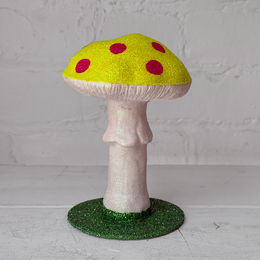Single Glitter Mushroom in Neon Yellow with Pink Dots