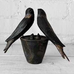 Black Forest Carved Perched Birds on Clay Pot (#9)