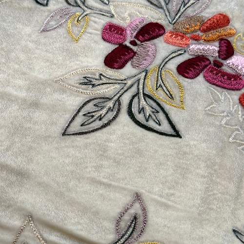 New Flower Embroidered Silk Velvet Cushion in Ivory