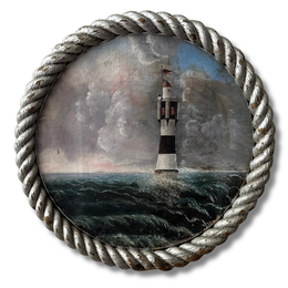 Early 20th-century Rope-Framed Round Seascape Lighthouse Painting