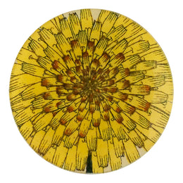 A four inch round decoupage plate titled Dandelion Flower