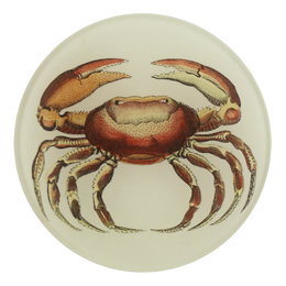 A four inch round handmade decoupage plate titled Oval Crab