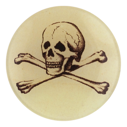 A four inch round handmade decoupage plate titled Skully