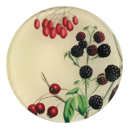 A four inch round handmade decoupage plate titled Sweet Berries