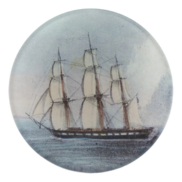 A four inch round handmade decoupage plate titled Tall Ship