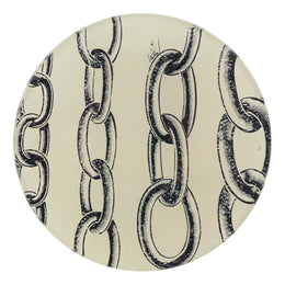 Circle Chain is a four inch round decoupage plate with black and white chains