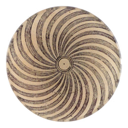 A four inch round handmade decoupage plate titled Pinwheel