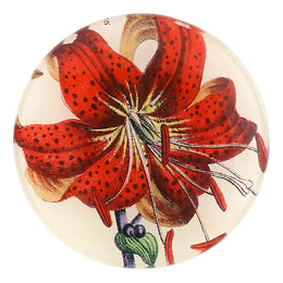 A four inch round handmade decoupage plate titled Red Lily