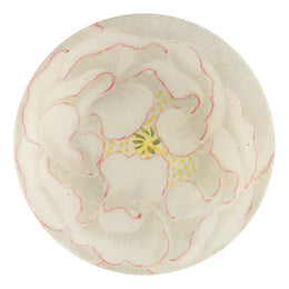A four inch round handmade decoupage plate titled White and Pink Poppy