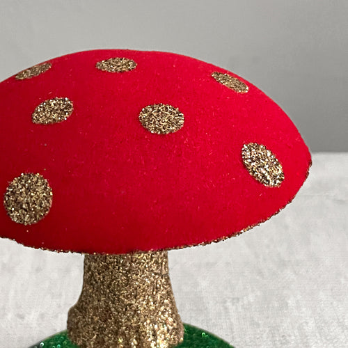 Small Flocked Glitter Mushroom in Red & Gold