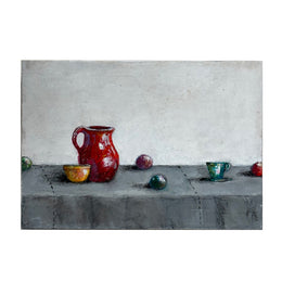 Still life oil painting with cups and vase on a table