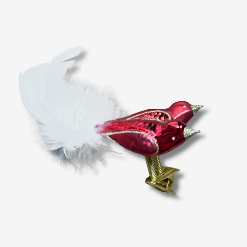 White Feather Tailed Red Clip-on Bird Couple Ornament