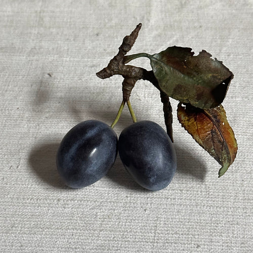 Porcelain Double Damson with Two Leaves on Twig