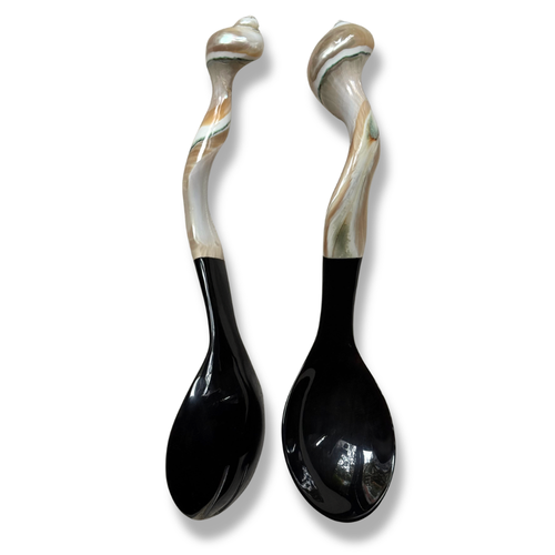 Carved Mother of Pearl Shell and Horn Serving Utensils