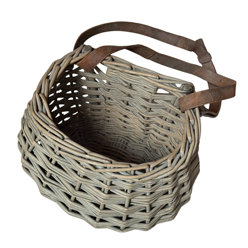 Antique Open Top Wicker Basket with Leather Strap