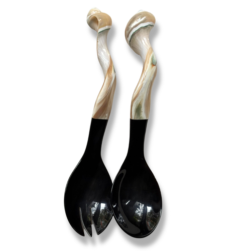 Carved Mother of Pearl Shell and Horn Serving Utensils