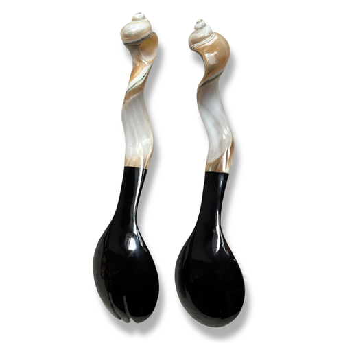 Carved Mother of Pearl Shell and Horn Serving Utensils