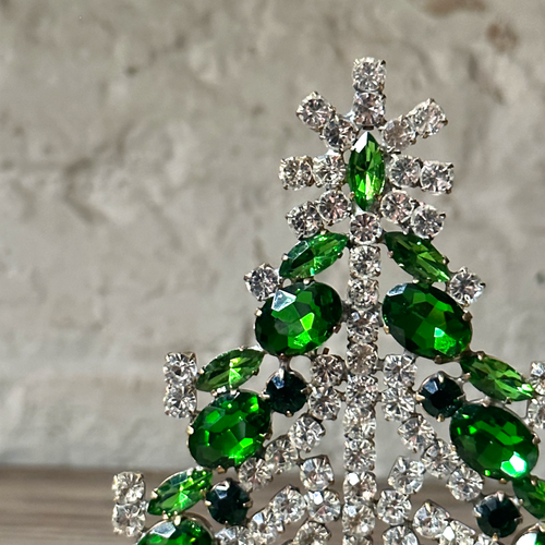 Nostalgic Small Jeweled Green & Clear Glass Crystal Tree