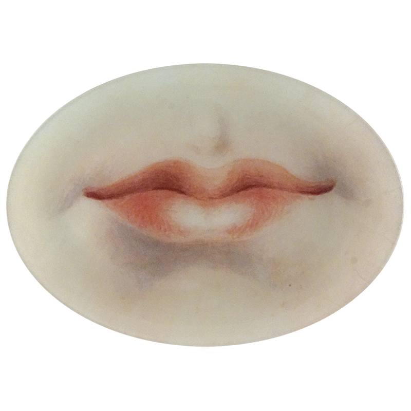 A ten inch by fourteen inch horizontal glass oval plate featuring a illustration of pink lips. 
