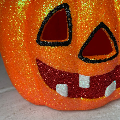 Ino Schaller Glitter Jack-O'-Lantern Pumpkin in Orange with Red Mouth