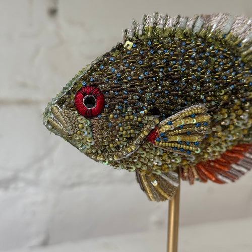 Hand-Beaded Blue Spotted Sunfish on Stand by Trovelore