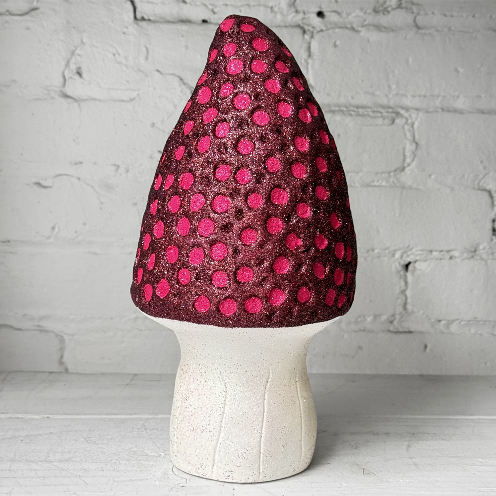 Glitter Morel Mushroom in Burgundy with Many Pink Dots