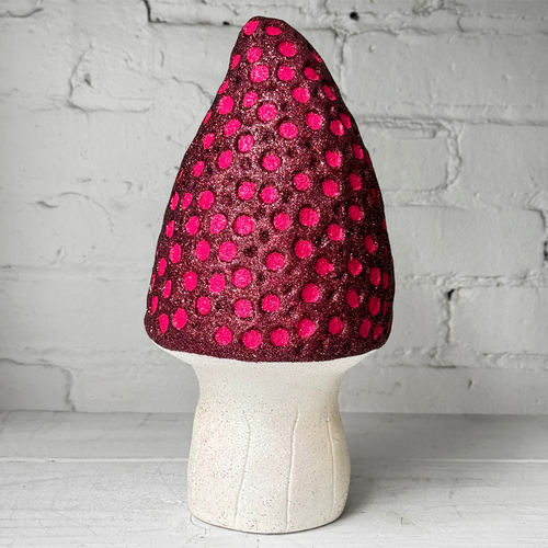 Glitter Morel Mushroom in Burgundy with Many Pink Dots