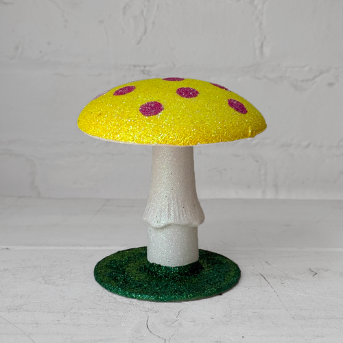 Small Glitter Mushroom in Yellow with Pink Dots