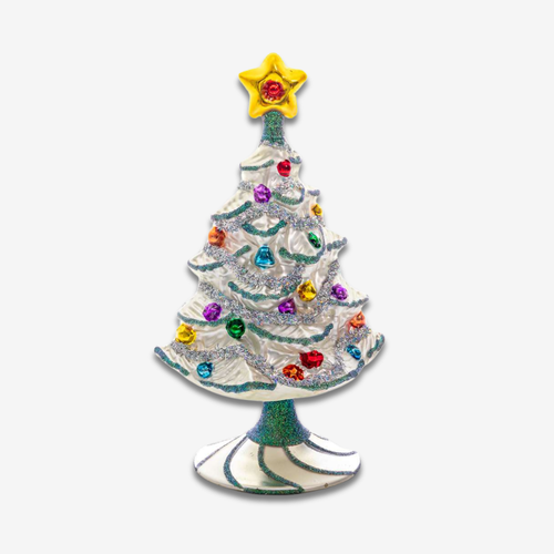 White & Green Glass Christmas Tree On Base