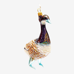 A decorative bird ornament with a dark purple neck, patterned brown and cream body, and light blue legs and beak, shown against a plain light gray background.