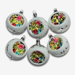 Set of 6 Colorful Reflector Ornaments with Snow