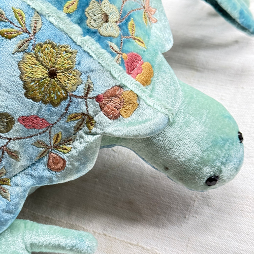 Abby Embroidered Big Silk Velvet Turtle in Shaded Lagoon