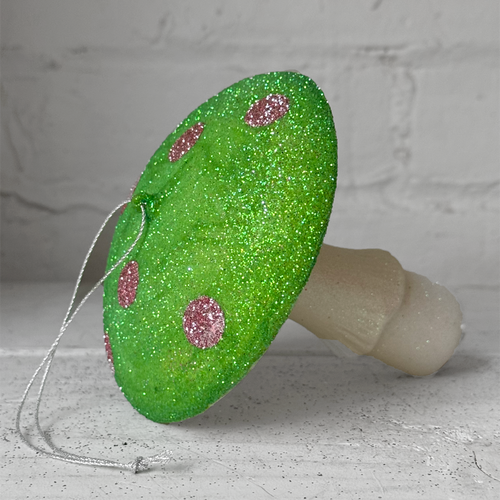 Glitter Mushroom Ornament in Light Green & Pink