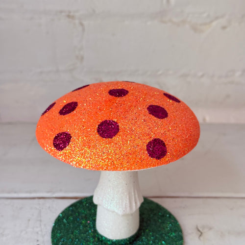 Small Glitter Mushroom in Orange with Red Dots