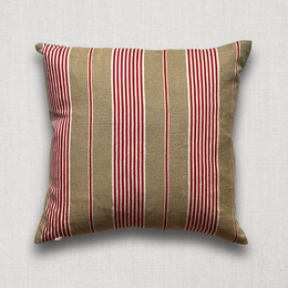 19th Century French Beige, Red & White Ticking Pillow (#127)