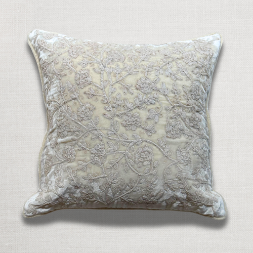 Cannes Embroidered Silk Velvet Cushion in Ivory