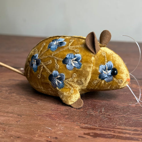 Misha Embroidered Silk Velvet Mouse in Antique Gold