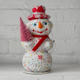 Multi-Color Papier-Mâché Beaded Snowman with Pink Tree