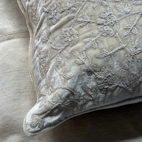 Cannes Embroidered Silk Velvet Cushion in Ivory