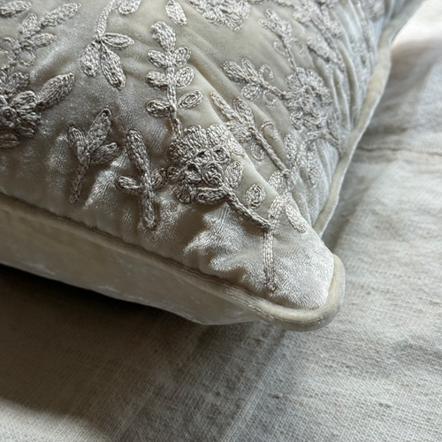 Cannes Embroidered Silk Velvet Cushion in Ivory