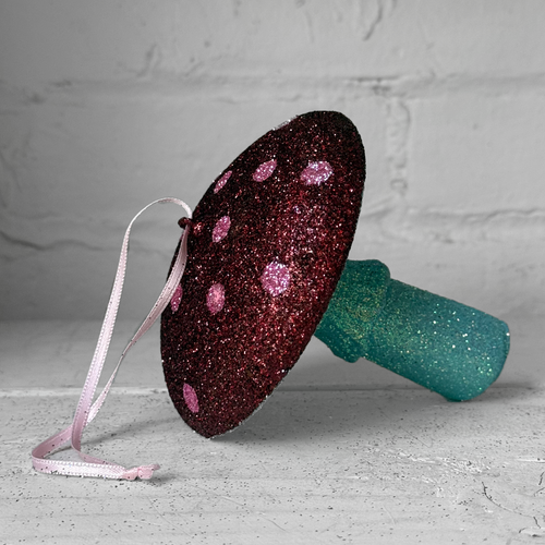 Glitter Mushroom Ornament in Burgundy & Pink