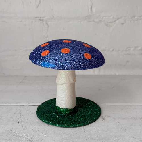 Small Glitter Mushroom in Blue with Orange Dots