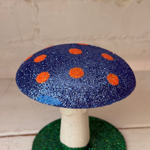 Small Glitter Mushroom in Blue with Orange Dots